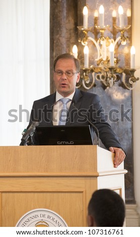 BUDAPEST, HUNGARY - JULY 9: Tibor Navracsics vice prime minister of Hungary, leader of FIDESZ Fraction on the opening ceremony of the Carpathian Summer University org by ELTE Univ. on July 9, 2012.