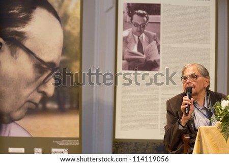 BUDAPEST HUNGARY - SEPTEMBER 28: Imre Mecs politican, founder of SZDSz party speaks on the conference, org by ELTE Univ, about Istvan Bibo, minister of the 1956 revolution on September 28, 2012 in Budapest.