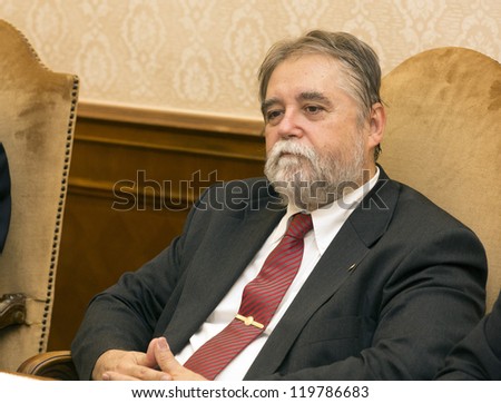 BUDAPEST, HUNGARY - NOVEMBER 22: Barna Mezey rector of ELTE University after signing cooperation with Reinhold Gall interior minister of Baden Wurtenberg on November 22, 2012 in Budapest, Hungary.