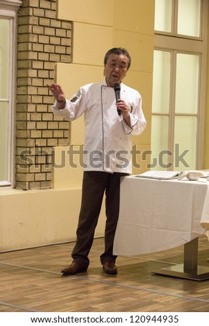 BUDAPEST, HUNGARY - DECEMBER 4: Morimoto Setsuo, executive chef of Bandai Silver Hotel demonstrates the kitchen of Niigata prefecture on the seminar of Japan Foundation on 12/4, 2012 in Budapest.