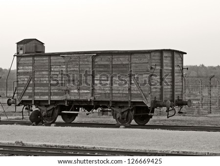 OSWIECIM, POLAND - OCTOBER 22: Waggon in Auschwitz Camp II, a former Nazi extermination camp on October 22, 2012 in Oswiecim, Poland. It was the biggest nazi concentration camp in Europe.