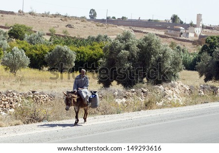 ATLAS MOUNTAIN, MOROCCO - JUNE 5: Unidentified man riding donkey near Essaouria on June 5, 2013 in Morocco. Only portion of population lives countryside.