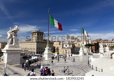 ROME - MAY 9: Tourists at Victor Emmanuel monument. also called Altare della Patria, fatherland altar,mausoleum, tomb of an unknown soldier in Piazza Venezia on May 9 2012 in Rome, Italy