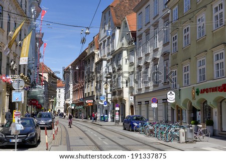 GRAZ, AUSTRIA - MAY 2: The historical city center on May 2, 2014 in Graz, Austria. With population of 300.000, Graz is second-largest city in Austria and capital of federal state of Styria.