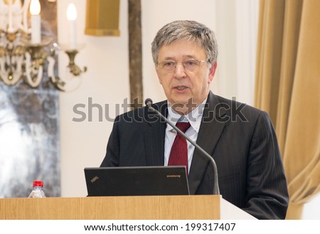 BUDAPEST, HUNGARY - MAY 9: Laszlo Lovasz president of Academy of Science speaks on the ceremony of the Pazmany Days on the ELTE Univiversity on May 9, 2014. The ELTE is the oldest hungarian university