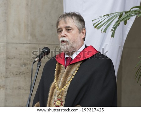 BUDAPEST, HUNGARY - MAY 9: Barna Mezey rector of the university speaks on the ceremony of the Pazmany Days on the ELTE Univiversity on May 9, 2014. The ELTE is 378 years old.
