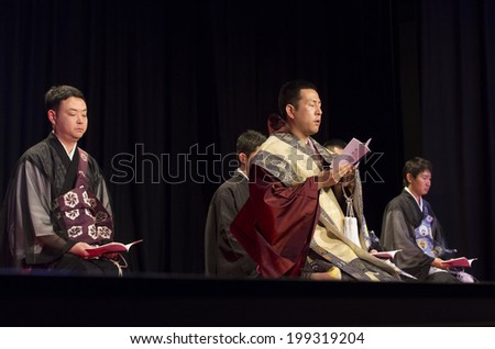 BUDAPEST, HUNGARY - MAY 28: Japanese monks present the religious music of ancient Japan on May 28, 2014 in Budapest, Hungary.