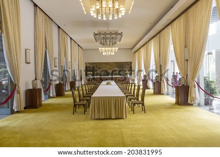SAIGON - DECEMBER 29: Meeting room at the Reunification Palace, previously the Independence as on Dec.29, 2013. It was used as headquarters by the South Vietnamese cabinet during the Vietnam War.