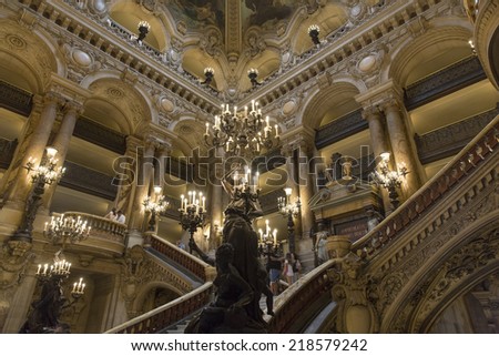 PARIS - JULY 30 : An interior view of Opera de Paris, Palais Garnier, is shown on July 30, 2014 in Paris. It was built from 1861 to 1875 for the Paris Opera house.