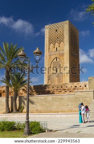 RABAT, MOROCCO - JULY 24 :People visit the Hassan Tower and Mausoleum of Mohammed V. Mausoleum contains tombs of late King Hassan II and Prince Abdallah. On July 24, 2014 in Rabat, Morocco