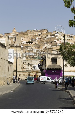 FEZ, MOROCCO - JULY 19: The medina as on July 19, 2014 in Fez, Morocco. The medina is listed as a UNESCO World Heritage Site and is believed to be one of the world\'s largest car-free urban areas.
