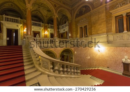 BUDAPEST, HUNGARY- APRIL 11 2015: interior of the Hungarian Royal Opera House,  considered one of the architect\'s masterpieces and has the third best acoustics in Europe.