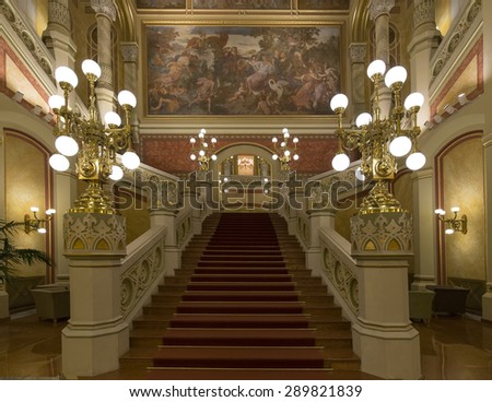 BUDAPEST, HUNGARY- JUNE 22 2015: interior of the Vigado Concert Hall,  Budapest\'s second largest concert hall, located on the Eastern bank of the Danube.