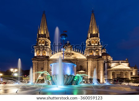 GUADALAJARA, MEXICO - January 1 2016 - The Main Cathedral at sunset. Gudalajara is the capital and largest city of the Mexican state of Jalisco, and the seat of the municipality of Guadalajara.