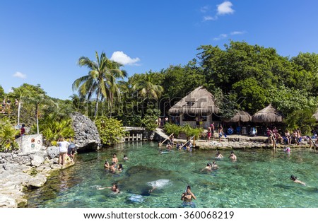 XCARET, MEXICO - January 6 2015 - The beautiful beach of Xcaret,  a Maya civilization archaeological site located on the Caribbean coastline of the Yucatan Peninsula.