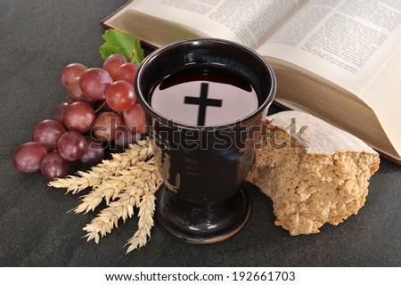 Bread, wine and bible for sacrament or communion