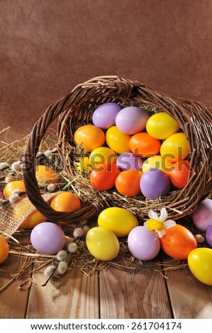 Easter Basket with easter eggs, narcissus and catkin on old weathered wooden board