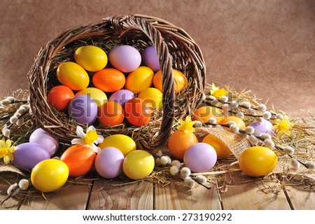Easter Basket with easter eggs, narcissus and catkin on old weathered wooden board