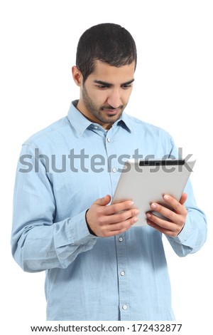 Arab saudi man reading a tablet reader isolated on a white background