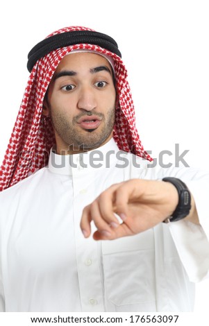 Arab saudi emirates man looking his watch too late isolated on a white background