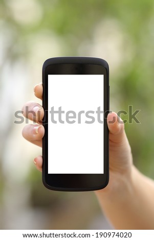 Woman hand showing a blank smart phone screen display on a green background
