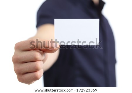Business man hand holding a blank card isolated on a white background