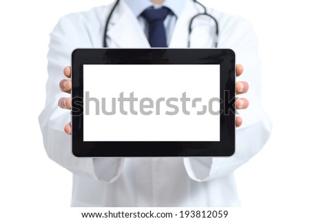 Doctor hands showing a tablet reader screen isolated on a white background