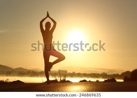 Silhouette of a fitness woman exercising yoga meditation exercise with the sun in the background