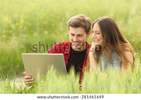 Couple or friends sharing a laptop in a green field