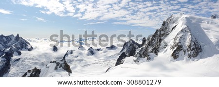 Panoramic snowy high mountains climb landscape with cloudy sky