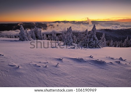 Twilight before sunrise in the winter mountains landscape