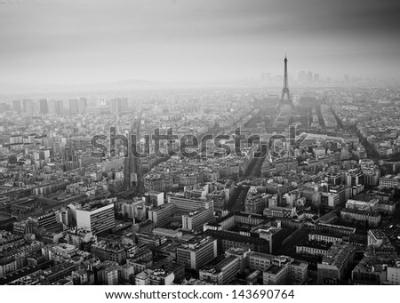 Streets of Paris in black and white. Eiffel Tower and Paris view from above