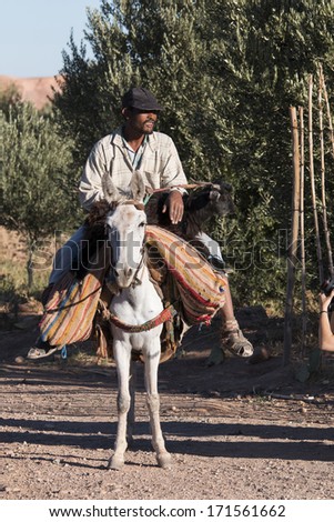 ATLAS MOUNTAIN, MOROCCO - OCTOBER 9: Unidentified man riding donkey near Essaouria on October 9, 2013 in Morocco. Only portion of population lives countryside.
