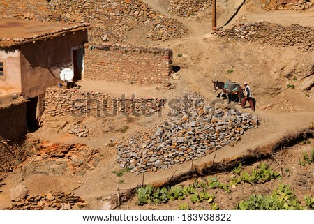 ATLAS MOUNTAINS, MOROCCO - FEBRUARY 28: Village in Atlas on February 28, 2014. Atlas Mountains  is a mountain range across the northwestern stretch of Africa extending about 2,500 km in Morocco.