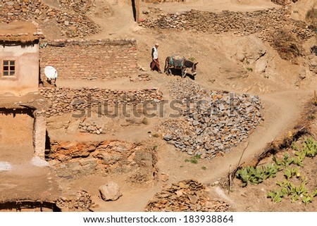 ATLAS MOUNTAINS, MOROCCO - FEBRUARY 28: Village in Atlas on February 28, 2014. Atlas Mountains  is a mountain range across the northwestern stretch of Africa extending about 2,500 km in Morocco.