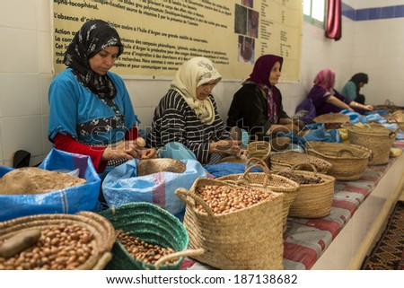ESSAOUIRA, MOROCCO-FEBRUARY, 7: women working in a cooperative for the manufacturing of argan fruits in Essaouira, Morocco, February 7, 2014. Only women work in these cooperatives