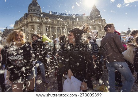 BUCHAREST, ROMANIA - APRIL 4: Crowds of unidentified people at International Pellow Fight on April 4, 2015 in Bucharest, Romania. Pillow fight it\'s an International event who happen around the world.
