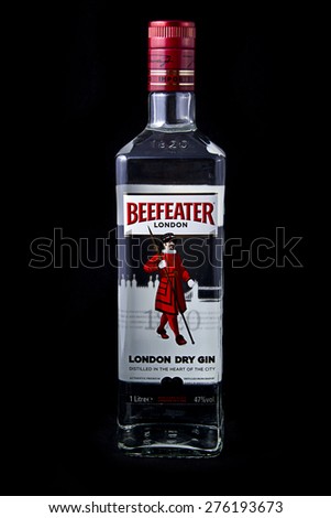 Minsk, Belarus - May 05, 2015: Beefeater Gin Bottle Isolated on White Background. UK Distilled Beverage. Alcohol Content 47%. Manufacturer Pernod Ricard.