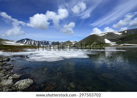 Polar Urals Mountains landscape with a dark lake water Patok. Research ridge, Komi Republic, Russia