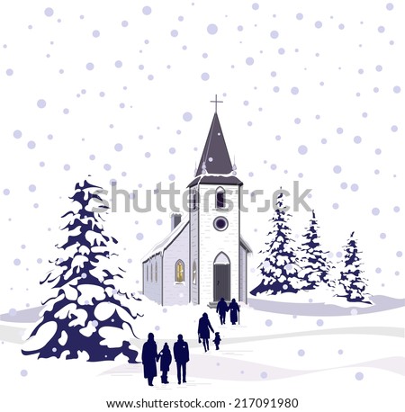 A winter scene of a small country church and snow-covered evergreen trees with people walking through the falling snow towards the church A winter scene of a small country church and snow-covered evergreen trees with people walking through the falling snow towards the church