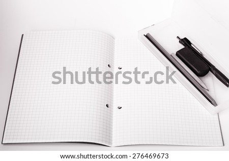 Blank Note , Pencil, eraser on the white background , Black and white