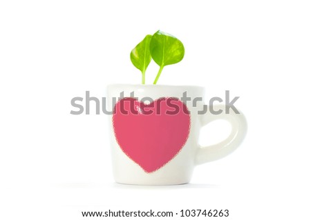 Plants in cup of heart with white background.save green earth.love the tree.