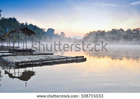 floating house and fog in the morning ,Kwae Noi river  ,Kanchanaburi,Thailand