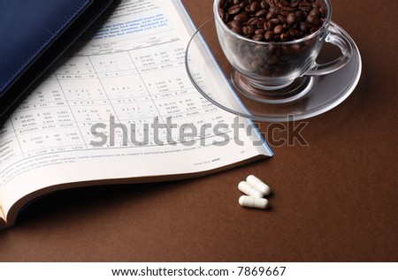 Business still life with report, cardholder, cup of coffee beans and pills