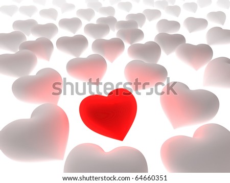 Red heart in a crowd of white hearts on white background. Three dimensional illustration.
