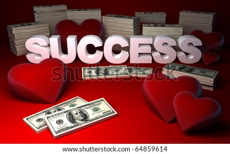 Three dimensional illustration of dollar piles and red hearts with \