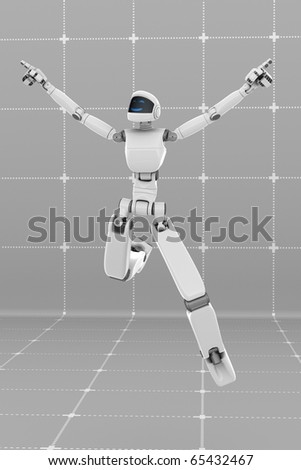 White futuristic robot jumping happy for great objective achievement