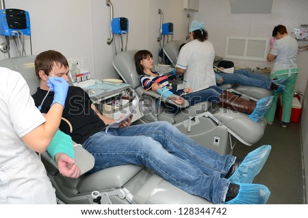 ROSTOV-ON-DON, RUSSIA - FEBRUARY 15: Donors donate their blood free of charge Ã¢Â?Â? Donor action is devoted to the International Day children with cancer, February 15, 2013 in Rostov-on-Don, Russia.