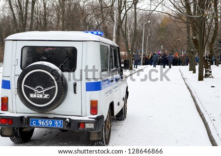ROSTOV-ON-DON, RUSSIA Ã¢Â?Â? JANUARY 26: The police keeps order Ã¢Â?Â? rally of the Cossacks under the slogan Ã?Â«Cossacks Ã¢Â?Â? PeopleÃ?Â», January 26, 2013 in Rostov-on-Don, Russia