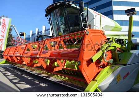ROSTOV-ON-DON, RUSSIA - FEBRUARY 27: Harvester - An exhibit at the exhibition of agricultural equipment Agrotechnologies-2013, February 27, 2013 in Rostov-on-Don, Russia